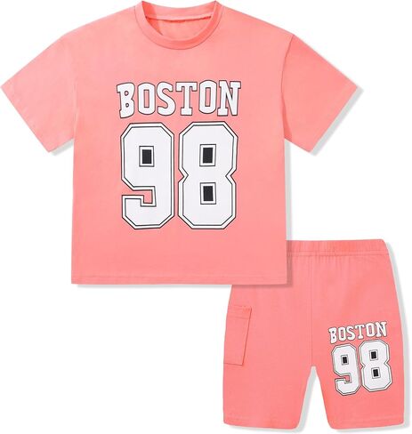 Girls Summer Outfits Graphic Letter Print T Shirt Short Sleeve Top & Biker Shorts with Side Pocket 2Pcs Clothing Sets in Kuwait