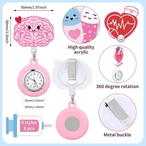 8 Pcs Retractable CNA Appreciation Gift Nurse Watch Gift Clip on Lapel with Luminous Pointer Badge Reel Decoration in Kuwait