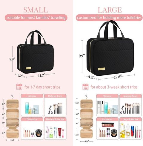 HOTOR Travel Toiletry Bag w/Hanging Hook - Spacious Toiletry Bag Essentials for Women & Men, Makeup Bag/Big Comparment, Waterproof for Travel Accessories, Medium, Black in Kuwait