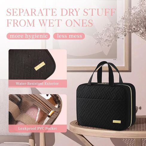 HOTOR Travel Toiletry Bag w/Hanging Hook - Spacious Toiletry Bag Essentials for Women & Men, Makeup Bag/Big Comparment, Waterproof for Travel Accessories, Medium, Black in Kuwait