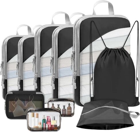 10 Set Compression Packing Cubes, Lightweight Travel Essentials, Stretchable Expandable Storage Bags, Compression Bags for Travel Accessories Luggage Storage Set (10 Pcs, Black) in Saudi Arabia