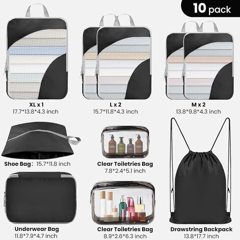 10 Set Compression Packing Cubes, Lightweight Travel Essentials, Stretchable Expandable Storage Bags, Compression Bags for Travel Accessories Luggage Storage Set (10 Pcs, Black) in Saudi Arabia