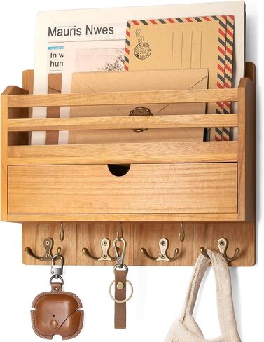 REBEE Vision Farmhouse Wood Mail Organizer Mount - حامل المفتاح والبريد للجدار مع درج التخزين و 7 خطافات رئيسية - ديكور ريفي للمنزل للدخول والمكاتب والجراج (براون الرجعية) in Kuwait