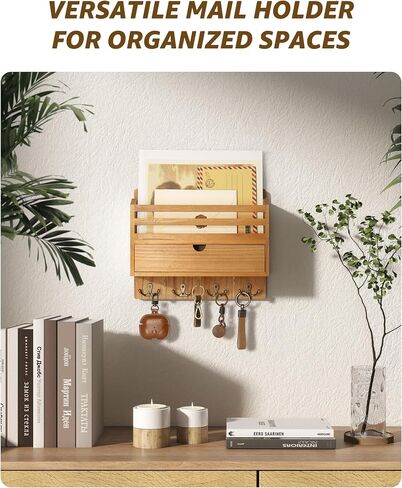 REBEE Vision Farmhouse Wood Mail Organizer Mount - حامل المفتاح والبريد للجدار مع درج التخزين و 7 خطافات رئيسية - ديكور ريفي للمنزل للدخول والمكاتب والجراج (براون الرجعية) in Kuwait