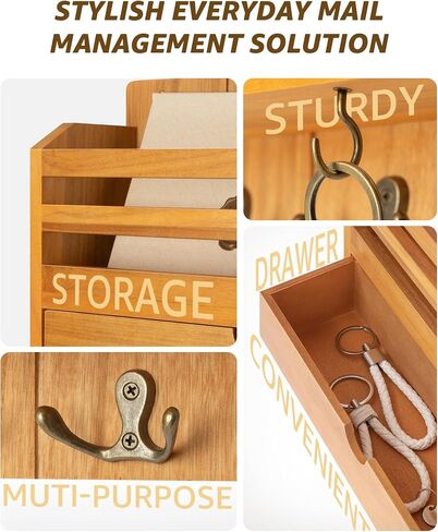 REBEE Vision Farmhouse Wood Mail Organizer Mount - حامل المفتاح والبريد للجدار مع درج التخزين و 7 خطافات رئيسية - ديكور ريفي للمنزل للدخول والمكاتب والجراج (براون الرجعية) in Kuwait