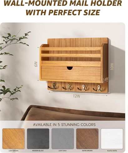 REBEE Vision Farmhouse Wood Mail Organizer Mount - حامل المفتاح والبريد للجدار مع درج التخزين و 7 خطافات رئيسية - ديكور ريفي للمنزل للدخول والمكاتب والجراج (براون الرجعية) in Kuwait