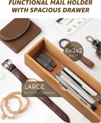 REBEE Vision Farmhouse Wood Mail Organizer Mount - حامل المفتاح والبريد للجدار مع درج التخزين و 7 خطافات رئيسية - ديكور ريفي للمنزل للدخول والمكاتب والجراج (براون الرجعية) in Kuwait