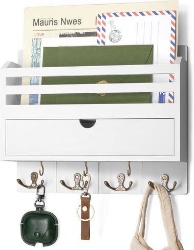 REBEE Vision Farmhouse Wood Mail Organizer Mount - حامل المفتاح والبريد للجدار مع درج التخزين و 7 خطافات رئيسية - ديكور ريفي للمنزل للدخول والمكاتب والجراج (براون الرجعية) in Kuwait