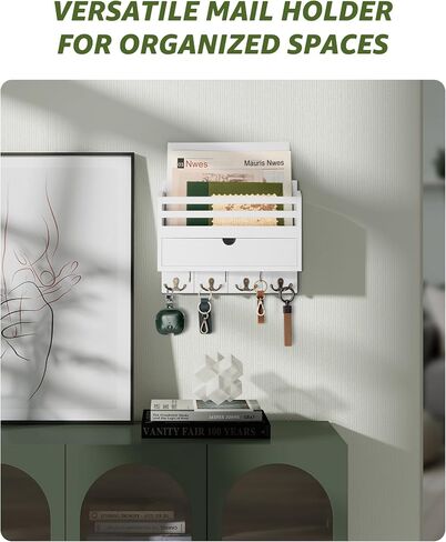 REBEE Vision Farmhouse Wood Mail Organizer Mount - حامل المفتاح والبريد للجدار مع درج التخزين و 7 خطافات رئيسية - ديكور ريفي للمنزل للدخول والمكاتب والجراج (براون الرجعية) in Kuwait