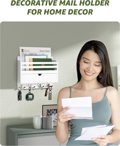 REBEE Vision Farmhouse Wood Mail Organizer Mount - حامل المفتاح والبريد للجدار مع درج التخزين و 7 خطافات رئيسية - ديكور ريفي للمنزل للدخول والمكاتب والجراج (براون الرجعية) in Kuwait
