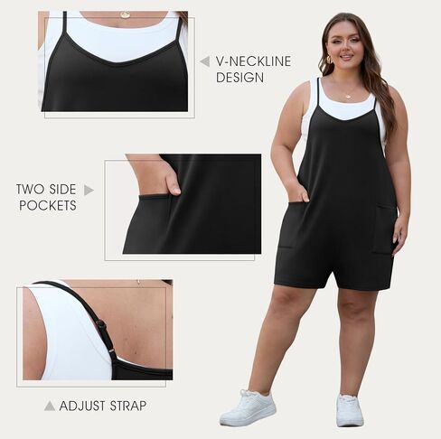 Olrik Womens 2025 Summer Plus Size Romper قابلة للتعديل مع تعديل حزام الحزام مع الجيوب بلا أكمام شورت عام غير رسمي in Kuwait