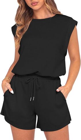 GRECERELLE Rompers For Women 2025 Summer Cap Sleeve Adjustable Drawstring Waistband Cozy Lounge Short Jumpsuit With Pocket in Saudi Arabia