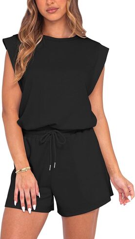GRECERELLE Rompers For Women 2025 Summer Cap Sleeve Adjustable Drawstring Waistband Cozy Lounge Short Jumpsuit With Pocket in Saudi Arabia