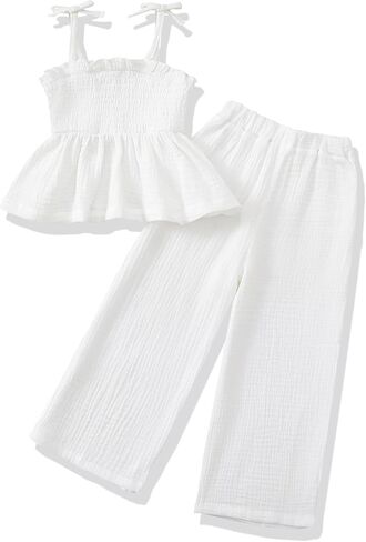 Toddler Baby Girl Clothes Smocked Camisole Ruffle Sleeveless Top Linen Pants Summer Girls Outfits Kids Clothing Set in Kuwait