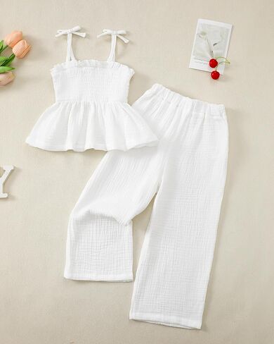Toddler Baby Girl Clothes Smocked Camisole Ruffle Sleeveless Top Linen Pants Summer Girls Outfits Kids Clothing Set in Kuwait