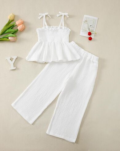 Toddler Baby Girl Clothes Smocked Camisole Ruffle Sleeveless Top Linen Pants Summer Girls Outfits Kids Clothing Set in Kuwait