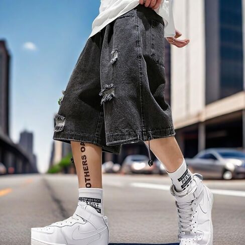 Emmiol Baggy Jean Shorts Men ، Y2K Jorts Cargo الممزق مرنًا ، شورتات الجينز السائبة في صيف الشارع in Kuwait