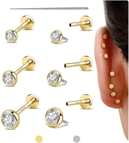 GEMQUEEN Flat Back Earrings Stud : 14K Gold Filled Titanium Surgical Steel Earrings Hypoallergenic for Women Men 16G 18G Cartilage Helix Tragus Conch Medusa Piercing Jewelry Dainty Earring Set 3 Pairs in Kuwait
