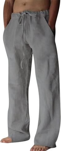 Puimentiua Cotton Linen Pants Men Casual Loose Fit Elastic Drawstring Waist Summer Beach Pants in Saudi Arabia