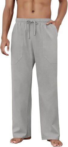 Puimentiua Cotton Linen Pants Men Casual Loose Fit Elastic Drawstring Waist Summer Beach Pants in Saudi Arabia
