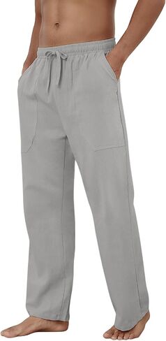 Puimentiua Cotton Linen Pants Men Casual Loose Fit Elastic Drawstring Waist Summer Beach Pants in Saudi Arabia