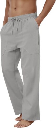 Puimentiua Cotton Linen Pants Men Casual Loose Fit Elastic Drawstring Waist Summer Beach Pants in Saudi Arabia