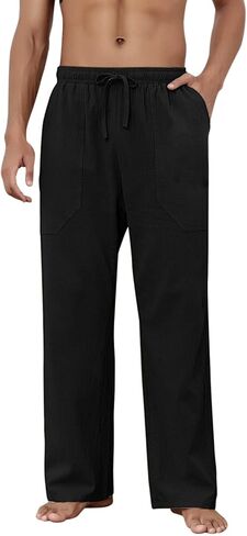 Puimentiua Cotton Linen Pants Men Casual Loose Fit Elastic Drawstring Waist Summer Beach Pants in Kuwait