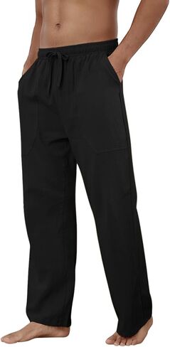 Puimentiua Cotton Linen Pants Men Casual Loose Fit Elastic Drawstring Waist Summer Beach Pants in Kuwait