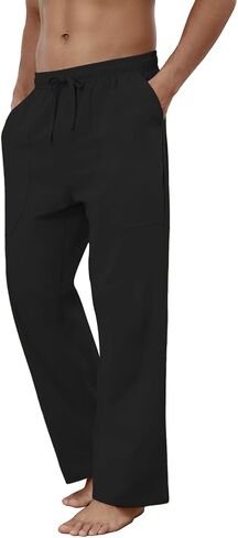 Puimentiua Cotton Linen Pants Men Casual Loose Fit Elastic Drawstring Waist Summer Beach Pants in Kuwait