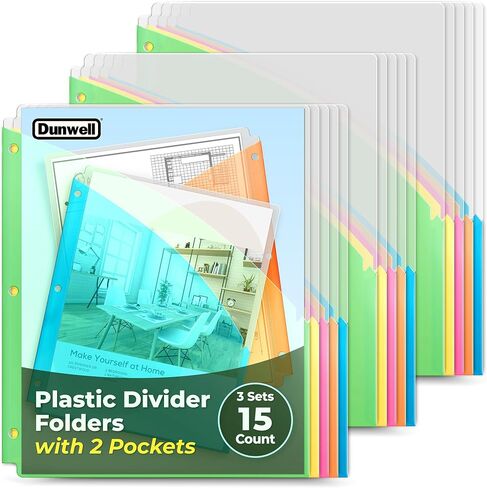Dunwell 2-Pocket Dividers for 3-Ring Binder (1 Set, 5 Count) No Tab Binder Folders, 5 Bright Colors, Plastic File Jackets, File Folder Jackets, Tear Resistant Acid-Free Poly in Saudi Arabia