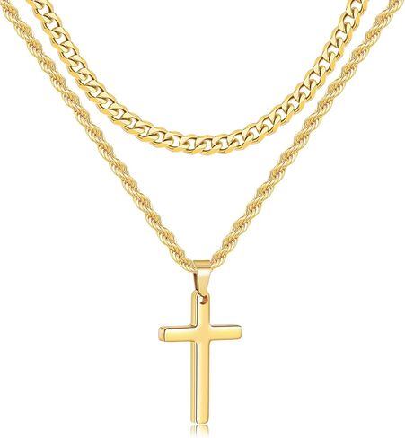 Fiusem 2 Pcs Cross Necklace Chain for Men and Women, Layered Mens Cross Necklaces Stainless Steel Pendant Cuban Link Rope Chain 16-26 Inch in Kuwait