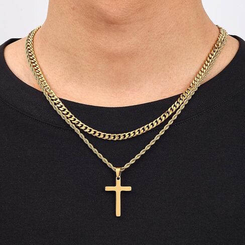 Fiusem 2 Pcs Cross Necklace Chain for Men and Women, Layered Mens Cross Necklaces Stainless Steel Pendant Cuban Link Rope Chain 16-26 Inch in Kuwait
