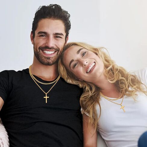 Fiusem 2 Pcs Cross Necklace Chain for Men and Women, Layered Mens Cross Necklaces Stainless Steel Pendant Cuban Link Rope Chain 16-26 Inch in Kuwait