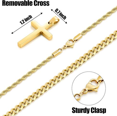 Fiusem 2 Pcs Cross Necklace Chain for Men and Women, Layered Mens Cross Necklaces Stainless Steel Pendant Cuban Link Rope Chain 16-26 Inch in Kuwait