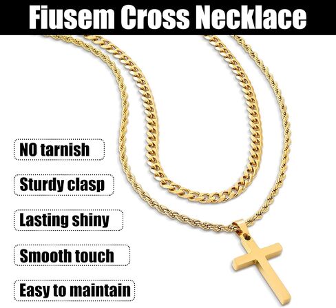 Fiusem 2 Pcs Cross Necklace Chain for Men and Women, Layered Mens Cross Necklaces Stainless Steel Pendant Cuban Link Rope Chain 16-26 Inch in Kuwait