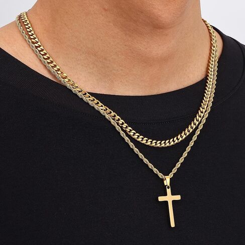Fiusem 2 Pcs Cross Necklace Chain for Men and Women, Layered Mens Cross Necklaces Stainless Steel Pendant Cuban Link Rope Chain 16-26 Inch in Kuwait
