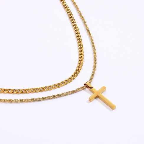 Fiusem 2 Pcs Cross Necklace Chain for Men and Women, Layered Mens Cross Necklaces Stainless Steel Pendant Cuban Link Rope Chain 16-26 Inch in Kuwait
