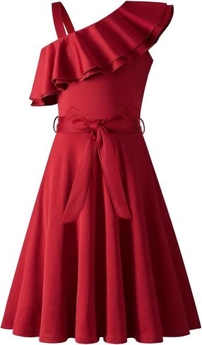 Arshiner Girls Dress One Shoulder Formal Ruffle Trim Birthday Party Dresses with Belted Pockets for 5-12 Years in Saudi Arabia