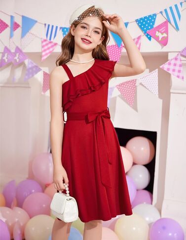 Arshiner Girls Dress One Shoulder Formal Ruffle Trim Birthday Party Dresses with Belted Pockets for 5-12 Years in Saudi Arabia