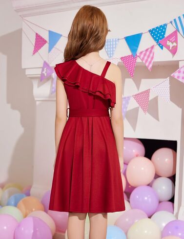 Arshiner Girls Dress One Shoulder Formal Ruffle Trim Birthday Party Dresses with Belted Pockets for 5-12 Years in Saudi Arabia