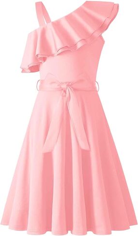 Arshiner Girls Dress One Shoulder Formal Ruffle Trim Birthday Party Dresses with Belted Pockets for 5-12 Years in Kuwait