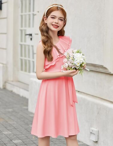 Arshiner Girls Dress One Shoulder Formal Ruffle Trim Birthday Party Dresses with Belted Pockets for 5-12 Years in Kuwait