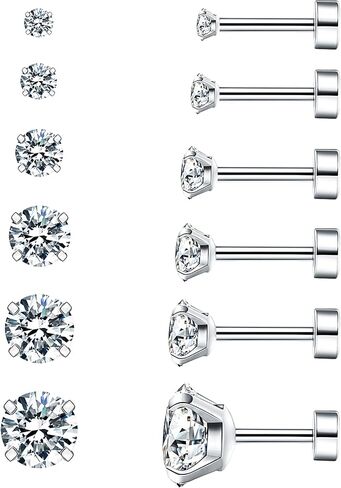 Wssxc 6 Pairs Hypoallergenic Cubic Zirconia Earrings Surgical Steel Flat Back Studs for Cartilage, Screw Back Fashion Jewelry in Kuwait