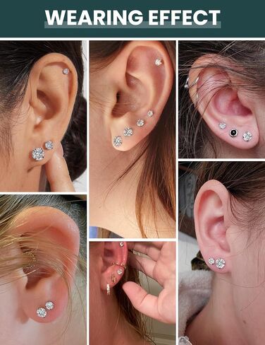 Wssxc 6 Pairs Hypoallergenic Cubic Zirconia Earrings Surgical Steel Flat Back Studs for Cartilage, Screw Back Fashion Jewelry in Kuwait