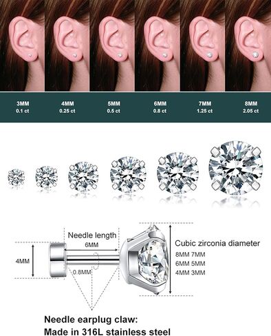Wssxc 6 Pairs Hypoallergenic Cubic Zirconia Earrings Surgical Steel Flat Back Studs for Cartilage, Screw Back Fashion Jewelry in Kuwait