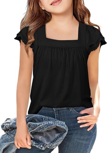Arshiner Girls Shirts Short Sleeve Square Neck Summer Lace Openwork Pleated Tops Blouse Tunic in Saudi Arabia