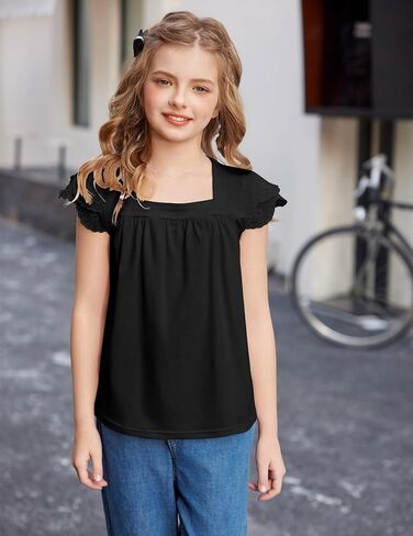 Arshiner Girls Shirts Short Sleeve Square Neck Summer Lace Openwork Pleated Tops Blouse Tunic in Saudi Arabia