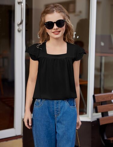 Arshiner Girls Shirts Short Sleeve Square Neck Summer Lace Openwork Pleated Tops Blouse Tunic in Saudi Arabia