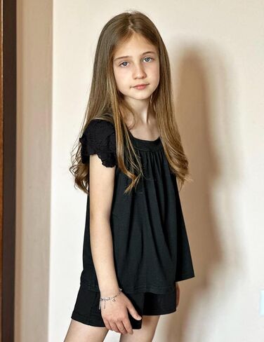 Arshiner Girls Shirts Short Sleeve Square Neck Summer Lace Openwork Pleated Tops Blouse Tunic in Saudi Arabia