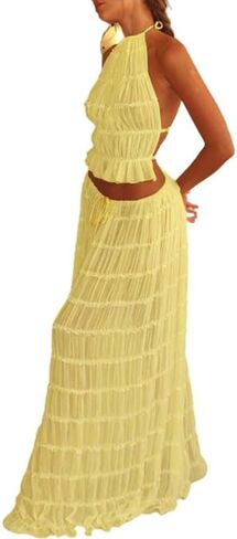 Womens 2 Piece Maxi Skirt Set Lace Up Sleeveless Tank Top and Flowy Long Skirt 2024 Summer Beach Outfits in Saudi Arabia